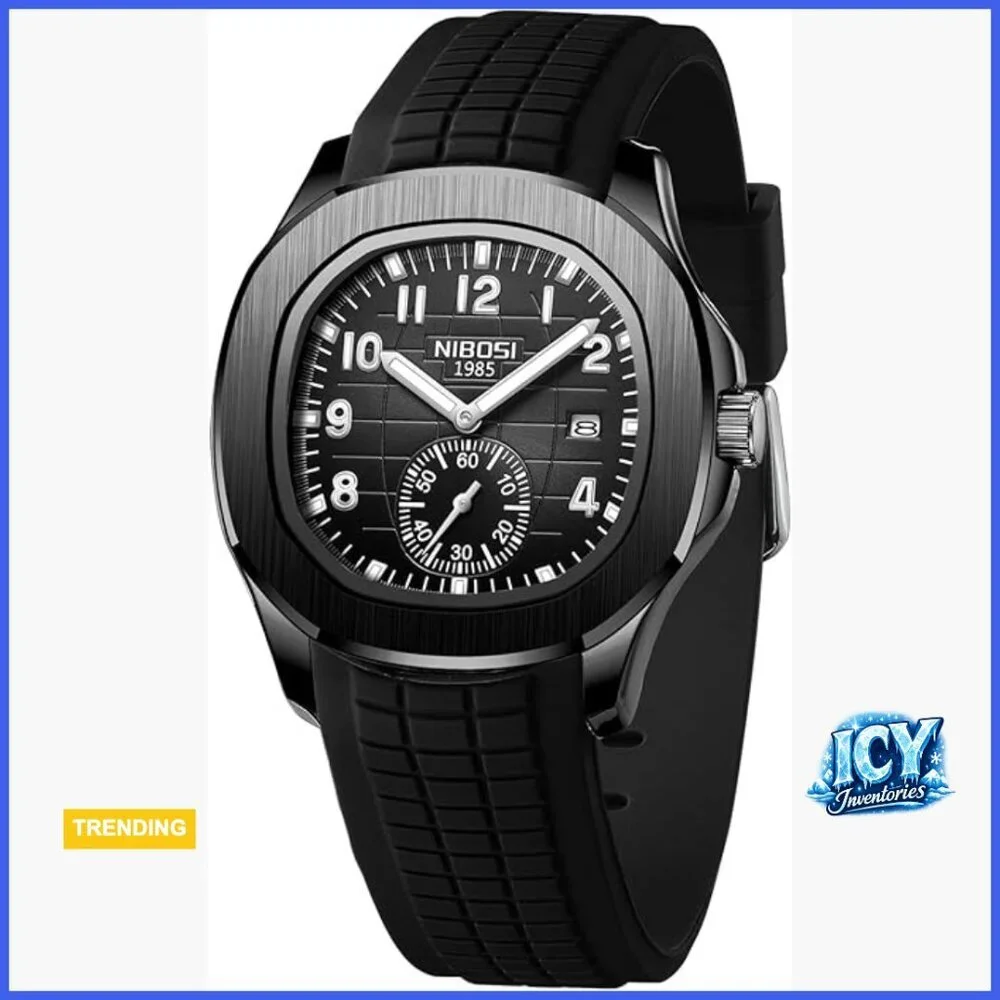 Analog Military Watch with Calendar Black Silicone Strap Waterproof